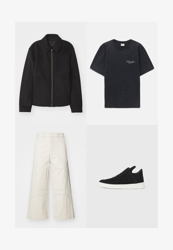 Černá bunda se zipovým uzávěrem, střižená designem, kulatým límcem a kapsami na bocích. Vyrobena z hladké, strukturované tkaniny.; Černé tričko s krátkým rukávem a kulatým výstřihem s malým bílým logem "Filling Pieces" na levé hrudi.; A-COLD-WALL* FORMAT PANT - Kalhoty - beige bone; Černé semišové tenisky s bílou gumovou podrážkou, s tónovým prošitím a šněrováním. Hladký povrch s moderním, aerodynamickým tvarem.