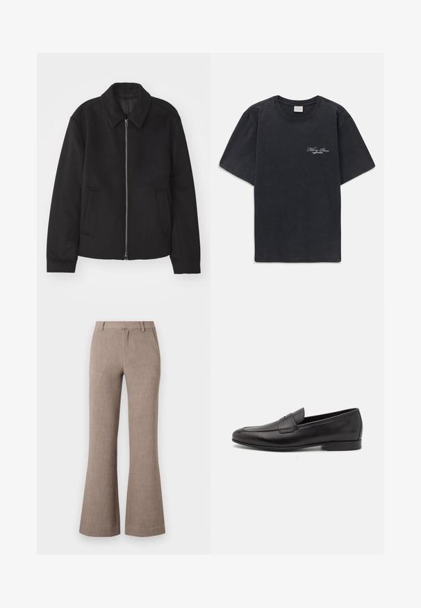 Czarna kurtka z zamkiem błyskawicznym, dopasowany krój, okrągły kołnierz i kieszenie cięte. Wykonana z gładkiego, teksturowanego materiału.; Czarna koszulka z krótkim rękawem i okrągłym dekoltem z małym białym logo "Filling Pieces" na lewej piersi.; Beżowe spodnie dzwony wykonane z teksturowanej tkaniny, z zapięciem na zamek błyskawiczny i bocznymi kieszeniami dla funkcjonalności. Szyty na miarę.; Czarne skórzane męskie loafersy z niskim obcasem i klasycznym paskiem penny, przedstawione w profilu bocznym na białym tle.