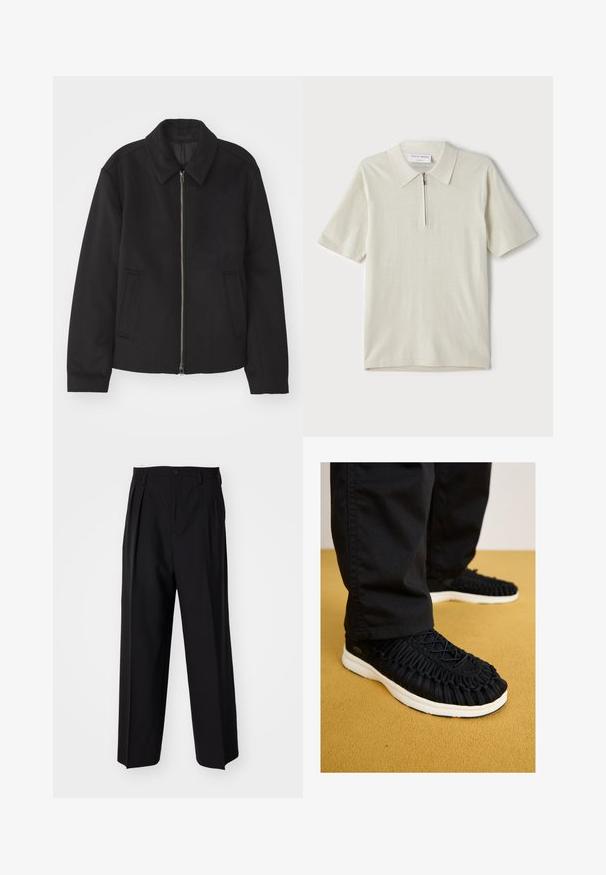 Zwarte jas met ritssluiting, op maat gemaakte ontwerp, ronde kraag en splitzakken. Gemaakt van een gladde, gestructureerde stof.; Korte mouwen polo in lichtbeige met een ritskraag. Gemaakt van gladde stof, voorzien van een eenvoudig, modern ontwerp zonder patronen.; Zwarte geplooide broeken met een rechte, brede pijpontwerp. Gemaakt van soepele stof, met een knoopsluiting en riemlussen.; Zwarte sneaker met bovenwerk van gevlochten stof, ronde neus en witte zool. Vetersysteem bovenaan en gedetailleerde textuur over het lichaam.