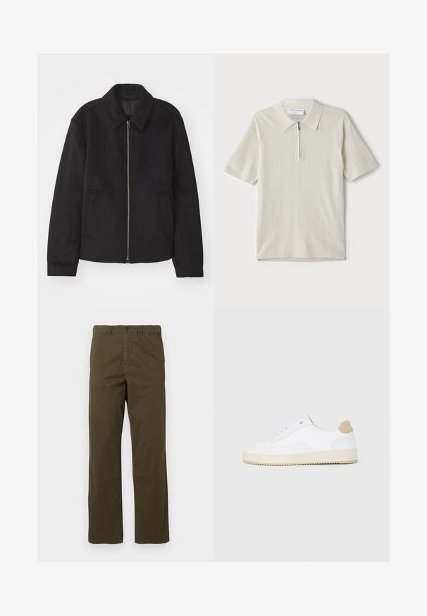 Schwarze Jacke mit Reißverschluss, tailliertem Schnitt, rundem Kragen und Schlitztaschen. Hergestellt aus einem glatten, strukturierten Stoff.; Kurzärmliges Poloshirt in hellbeige mit Reißverschlusskragen. Hergestellt aus glattem Stoff, bietet es ein einfaches, modernes Design ohne Muster.; Herren gerade geschnittene braune Baumwollhosen mit Gürtelschlaufen, vorderem Knopf und Reißverschluss vor einem hellen Hintergrund.; Weiße Low-Top-Sneaker mit einem strukturierten Lederobermaterial, cremefarbener, geriffelter Sohle und einem braunen Akzent an der Ferse. Mit weißen Schnürsenkeln und Logodetail an der Ferse.