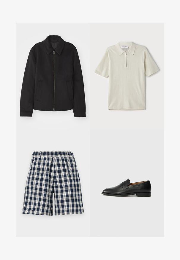 Black jacket with a zip closure, tailored design, a rounded collar, and slit pockets. Made from a smooth, textured fabric.; Short-sleeve polo shirt in light beige with a zippered collar. Made of smooth fabric, features a simple, modern design without patterns.; Navy and white plaid shorts with an elastic waistband. Features a loose fit and straight cut. Made of textile fabric, suitable for casual wear.; Black leather loafer with a rounded toe, subtle stitched detailing, and a low heel, featuring a smooth texture and minimalist design.