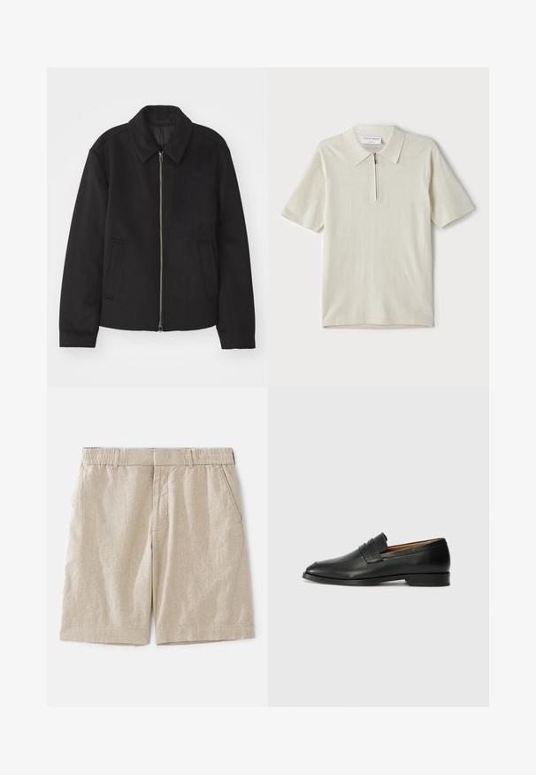Zwarte jas met ritssluiting, op maat gemaakte ontwerp, ronde kraag en splitzakken. Gemaakt van een gladde, gestructureerde stof.; Korte mouwen polo in lichtbeige met een ritskraag. Gemaakt van gladde stof, voorzien van een eenvoudig, modern ontwerp zonder patronen.; Beige linnen shorts met een losse pasvorm, voorzien van een elastische tailleband en zijzakken. Glad textuur met een subtiel geweven patroon.; Zwarte leren instapper met een ronde neus, subtiele stikdetails en een lage hak, met een gladde textuur en een minimalistisch ontwerp.