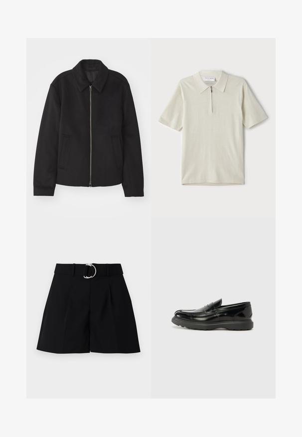 Must mustriga, mis on varustatud lukuga, kohandatud disaini, ümarate kaeluste ja lõhesalongidega taskudega. Valmistatud siledast, tekstuurilisest kangast.; Lühikeste varrukatega polo särk heles beeži värviga, millel on tõmblukk kaeluses. Valmistatud siledast kangast, minimalistlik ja kaasaegne disain ilma mustriteta.; Mustra mustriga lühikesed püksid, mis on valmistatud kootud kangast. Omab laia vööd, millel on hõbedane ringikujuline pannal, volangid ees ja sirge lõige.; Must musta nahk loafer läikiva viimistlusega, ümar varvas, delikaatsed õmblusdetailid ja paks kummist tallad vastupidavuse tagamiseks.