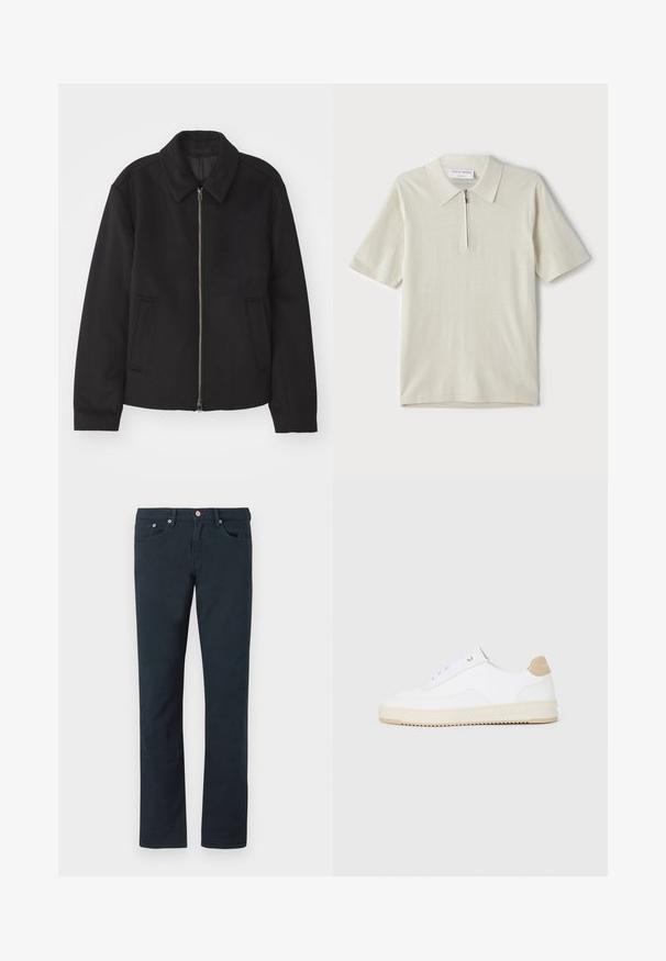 Melnā jaka ar rāvējslēdzēju, piegrieztas formas dizains, noapaļots apkakle un šķēluma kabatas. Izgatavota no gludas, teksturētas auduma.; Īsām piedurknēm polo krekls gaiši bēšā krāsā ar rāvējslēdzāja apkakli. Izgatavots no gludas auduma, tam ir vienkāršs, mūsdienīgs dizains bez rakstiem.; Tumši zilu kokvilnas bikses ar taisnu kāju dizainu, ar divām priekšējām kabatām un pogu aizdari ar metāla aprīkojumu. Mīksta tekstūra.; Baltās zemas kedas ar faktūru ādas virsu, krēmkrāsas rievojamu zoli un brūnu pacēlumu uz papēža. Iekļauj baltas auklas un logo detaļu uz papēža.