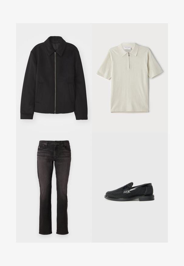 Juodas švarkas su užtrauktuku, pritaikyta forma, apvaliu apykakle ir kišenėmis su plyšiu. Pagamintas iš lygios, tekstūruotos medžiagos.; Šviesiai bežinis trumpomis rankovėmis polo marškinėliai su užtrauktuku ant apykaklės. Pagaminti iš lygaus audinio, pasižymi paprastu, moderniu dizainu be raštų.; Juodos džinsinės kelnės tiesaus modelio, penkių kišenių stiliaus, su mygtuko užsegimu. Lygus paviršius su minimaliu blukimu, be raštų.; Juodas pintas slip-on tipo batelis su lygiu odiniu akcentu viršuje, apvalios nosies dizainas ir žemas guminis padas.