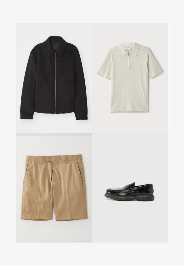 Černá bunda se zipovým uzávěrem, střižená designem, kulatým límcem a kapsami na bocích. Vyrobena z hladké, strukturované tkaniny.; Pánská polo košile s krátkým rukávem v světlé béžové barvě, s límcem na zip. Vyrobena z hladkého materiálu, s jednoduchým, moderním designem bez vzorů.; Khaki šortky s hladkou tkanou strukturou, vybavené dvěma bočními kapsami a rovný střih, navržené s plochým páskem a poutky na opasek.; Černé kožené mokasíny s lesklým povrchem, kulatou špičkou, nenápadnými švy a silnou gumovou podrážkou pro odolnost.