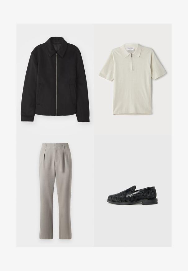 Fekete dzseki cipzárral, testreszabott dizájnnal, kerek nyakkal és zsebekkel. Sima, texturált anyagból készült.; Rövid ujjú, világosbézs pólóing, cipzáras gallérral. Simás anyagból készült, egyszerű, modern dizájnnal, minta nélkül.; Szürke, szabott nadrág sima textúrával, elől pliszékkel, övhurkokkal és egyenes lábakkal. Az anyag struktúrált és könnyűnek tűnik.; Fekete szőtt slip-on cipő sima bőr díszítéssel a felsőrészen, kerek orral és alacsony profilos gumitalppal.