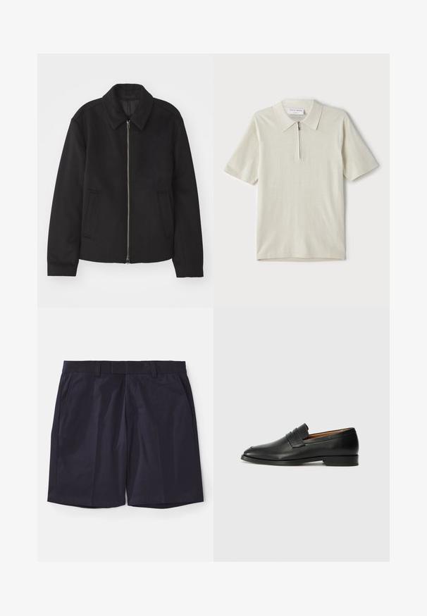 Must mustriga, mis on varustatud lukuga, kohandatud disaini, ümarate kaeluste ja lõhesalongidega taskudega. Valmistatud siledast, tekstuurilisest kangast.; Lühikeste varrukatega polo särk heles beeži värviga, millel on tõmblukk kaeluses. Valmistatud siledast kangast, minimalistlik ja kaasaegne disain ilma mustriteta.; Tumed sinised lühikesed püksid sujuvast kangast, millel on lame esiosa, vöörihmade kohad ja küljetaskud; servad on sirged, et saavutada puhas viimistlus.; Must musta loafers ümarate varvastega, peene tikandiga ja madala kontsaga, millel on sile tekstuur ja minimalistlik disain.