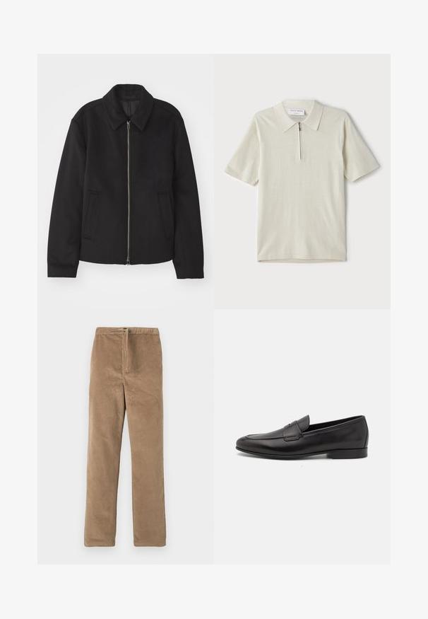 Black jacket with a zip closure, tailored design, a rounded collar, and slit pockets. Made from a smooth, textured fabric.; Short-sleeve polo shirt in light beige with a zippered collar. Made of smooth fabric, features a simple, modern design without patterns.; Brown corduroy pants with elastic waistband and front drawstring, straight leg fit, displayed on white background.; Black leather men's loafer with a low heel and a classic penny strap design, shown in side profile on a white background.