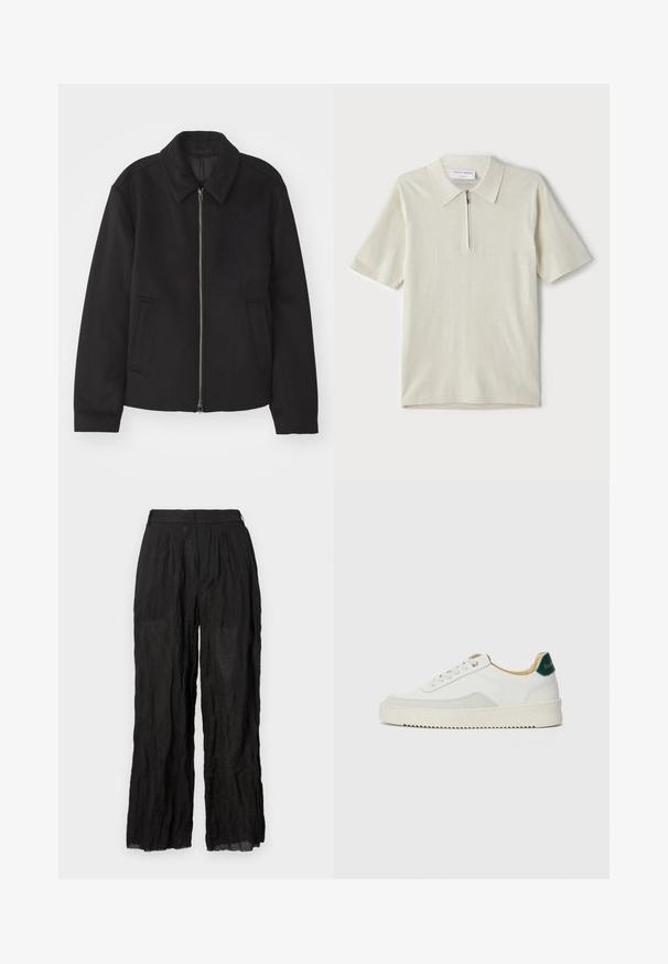Črna jakna z zadrgo, prilagojena zasnova, okrogla ovratnica in žepi z rezi. Narejena iz gladke, teksturirane tkanine.; Polo majica s kratkimi rokavi v svetlo bež barvi z zadrgo pri ovratniku. Narejena iz gladkega materiala, ima preprost, sodoben dizajn brez vzorcev.; Črne lanene hlače širokega kroja z teksturirano površino. Imajo elastičen pas in diskretne gube.; Bela trenerka z zaključki iz semiša, okroglo konico, ravne vezalke in kremna gumijasta podplata. Ima zeleno blagovno znamko na peti.