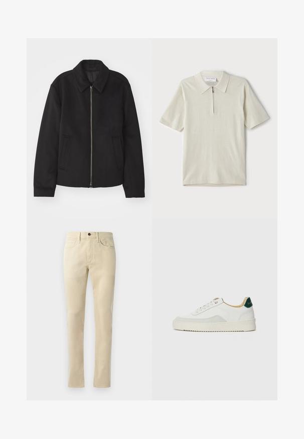 Fekete dzseki cipzárral, testreszabott dizájnnal, kerek nyakkal és zsebekkel. Sima, texturált anyagból készült.; Rövid ujjú, világosbézs pólóing, cipzáras gallérral. Simás anyagból készült, egyszerű, modern dizájnnal, minta nélkül.; Bézs egyenes szárú nadrág, pamut keverékből készült. Öt zsebes kialakítással, övpántokkal, és fekete gombbal a deréknál.; Fehér sneaker suédé részletekkel, kerek orral, lapos fűzőkkel és krémszínű gumitalppal. Zöld logó található a sarkán.