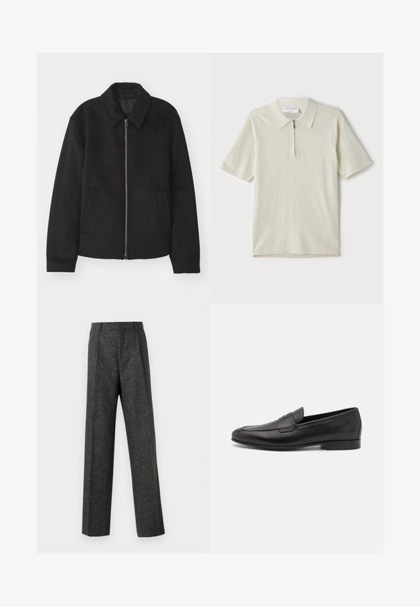 Black jacket with a zip closure, tailored design, a rounded collar, and slit pockets. Made from a smooth, textured fabric.; Short-sleeve polo shirt in light beige with a zippered collar. Made of smooth fabric, features a simple, modern design without patterns.; Gray tailored trousers made of textured fabric, featuring two front pleats and a straight-leg design. No visible pockets or embellishments.; Black leather men's loafer with a low heel and a classic penny strap design, shown in side profile on a white background.