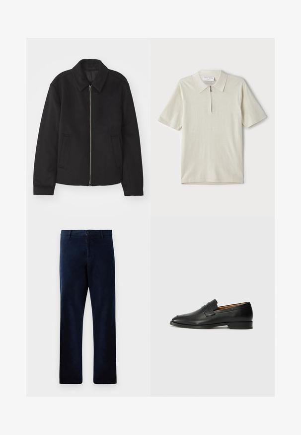 Veste noire avec fermeture éclair, design ajusté, col arrondi et poches fendue. Fabriquée dans un tissu lisse et texturé.; Polo à manches courtes en beige clair avec un col zippé. Fabriqué en tissu lisse, il présente un design simple et moderne sans motifs.; Pantalons bleu marine en tissu doux et texturé, avec une fermeture à bouton et une coupe droite, dotés de détails de couture subtils.; Mocassin en cuir noir avec un bout arrondi, des coutures subtiles et un talon bas, présentant une texture lisse et un design minimaliste.
