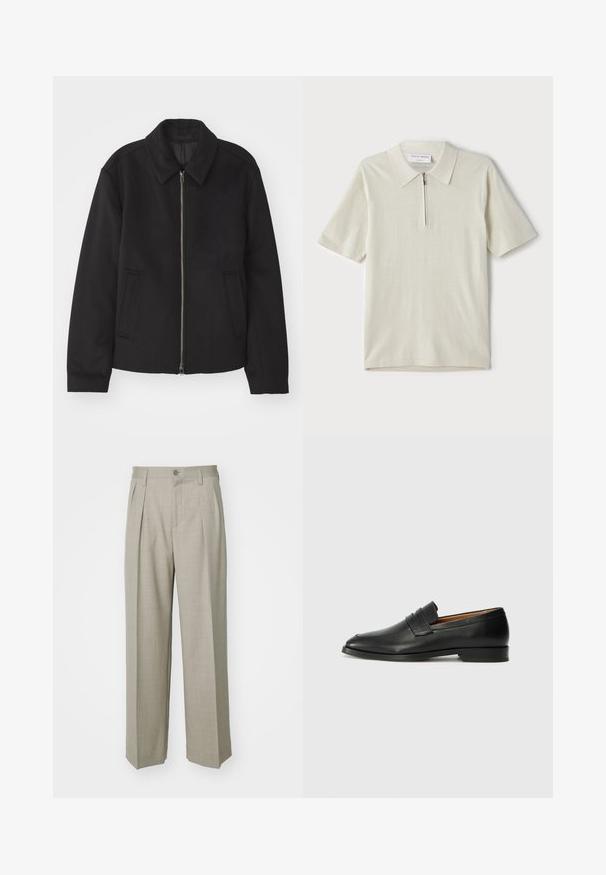 Czarna kurtka z zamkiem błyskawicznym, dopasowany krój, okrągły kołnierz i kieszenie cięte. Wykonana z gładkiego, teksturowanego materiału.; Koszulka polo z krótkim rękawem w jasnym beżu z zamkiem przy kołnierzu. Wykonana z gładkiej tkaniny, charakteryzuje się prostym, nowoczesnym wzornictwem bez wzorów.; Filippa K WIDE szary; Czarne skórzane mokasyny z zaokrąglonym noskiem, subtelnymi przeszyciami i niskim obcasem, charakteryzujące się gładką teksturą i minimalistycznym designem.