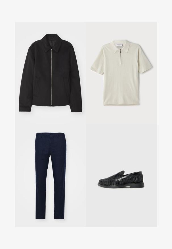 Black jacket with a zip closure, tailored design, a rounded collar, and slit pockets. Made from a smooth, textured fabric.; Short-sleeve polo shirt in light beige with a zippered collar. Made of smooth fabric, features a simple, modern design without patterns.; NN.07 THEO - Trousers - dark blue; Black woven slip-on shoe with a smooth leather accent on the upper, a round toe design, and a low-profile rubber sole.