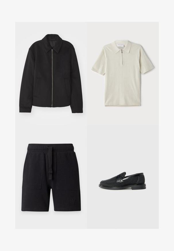 Juodas švarkas su užtrauktuku, pritaikyta forma, apvaliu apykakle ir kišenėmis su plyšiu. Pagamintas iš lygios, tekstūruotos medžiagos.; Šviesiai bežinis trumpomis rankovėmis polo marškinėliai su užtrauktuku ant apykaklės. Pagaminti iš lygaus audinio, pasižymi paprastu, moderniu dizainu be raštų.; Juodi šortai pagaminti iš medvilnės mišinio, turintys elastinę juostą su raišteliu, du šoninius kišenes ir mažą logotipo detalę.; Juodas pintas slip-on tipo batelis su lygiu odiniu akcentu viršuje, apvalios nosies dizainas ir žemas guminis padas.