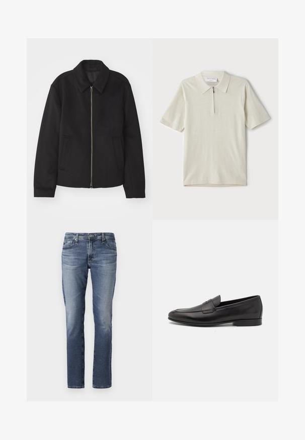 Černá bunda se zipovým uzávěrem, střižená designem, kulatým límcem a kapsami na bocích. Vyrobena z hladké, strukturované tkaniny.; Pánská polo košile s krátkým rukávem v světlé béžové barvě, s límcem na zip. Vyrobena z hladkého materiálu, s jednoduchým, moderním designem bez vzorů.; Džíny z denimu v středně modré barvě, rovného střihu, s mírným vyblednutím a klasickým pětipocket stylem. Kovové detaily v pase a na kapsách.; Černé kožené pánské mokasíny s nízkým podpatkem a klasickým designem se sponou, zobrazené v bočním profilu na bílém pozadí.