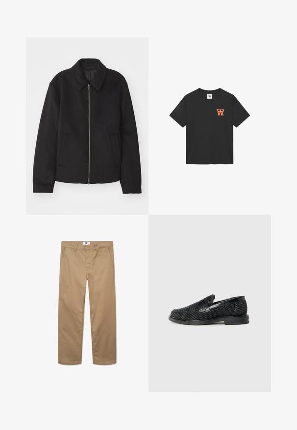 Zwarte jas met ritssluiting, op maat gemaakte ontwerp, ronde kraag en splitzakken. Gemaakt van een gladde, gestructureerde stof.; Zwarte katoenen T-shirt met korte mouwen, een ronde hals en een oranje "W" logo op de linkerborst. Zachte, gladde textuur.; Khaki katoenen broeken met een rechte pijpdesign, voorzien van een enkele knoopsluiting, ceintuurlussen en twee zijzakken. Glad textuur.; Zwartegeweven instap schoenen met een glad leren accent aan de bovenkant, een ronde neusontwerp en een laag profiel rubberen zool.