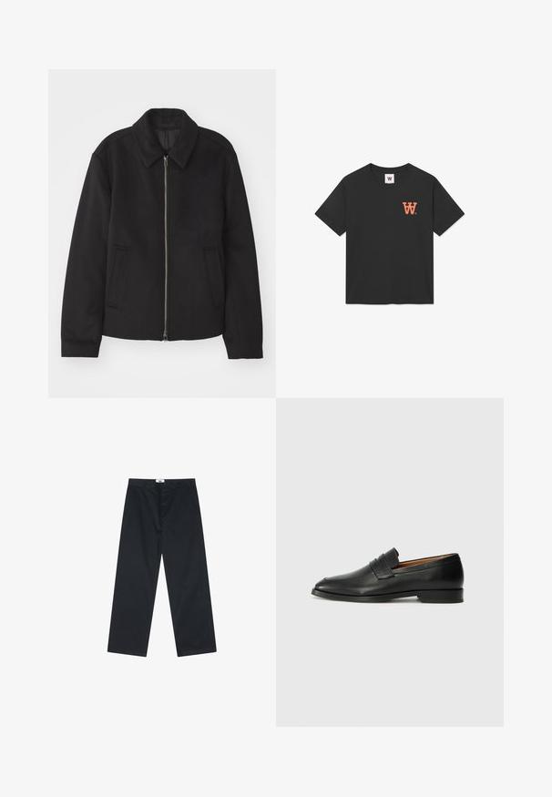 Fekete dzseki cipzárral, testreszabott dizájnnal, kerek nyakkal és zsebekkel. Sima, texturált anyagból készült.; Fekete pamut póló rövid ujjakkal, kerek nyakkal, és narancssárga "W" logóval a bal mellrészen. Puha, sima textúra.; Fekete pamut nadrág, egyenes szárú fazonnal, gombos záródással és egyszerű derékpánttal. Nincsenek minták vagy egyéb díszítések.; Fekete bőr mokaszin, kerek orral, diszkrét varrásokkal és alacsony sarokkal, sima felülettel és minimalista dizájnnal.