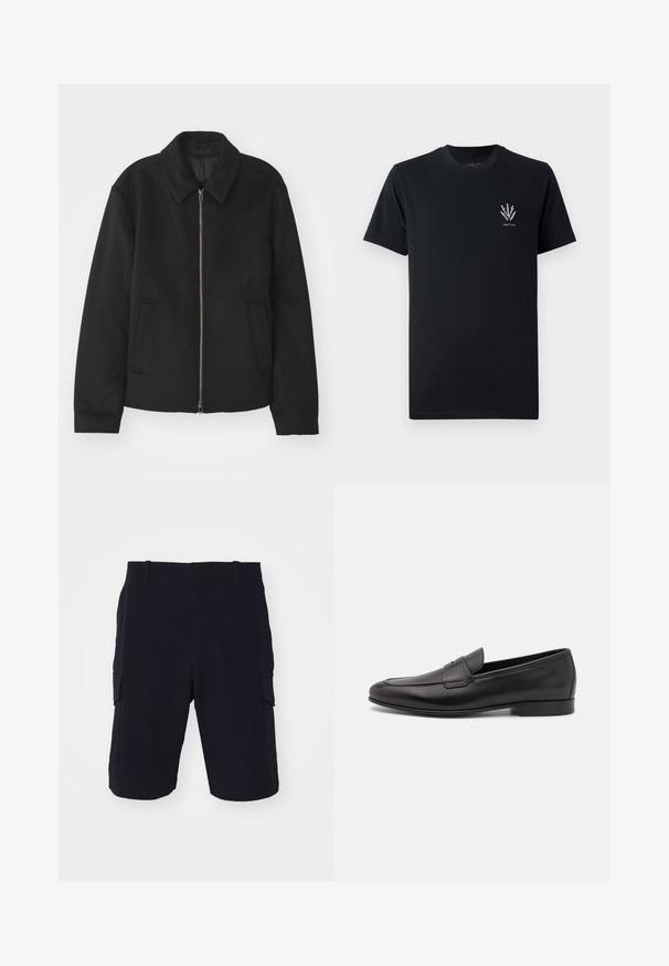 Black jacket with a zip closure, tailored design, a rounded collar, and slit pockets. Made from a smooth, textured fabric.; Black cotton t-shirt with a crew neck, short sleeves, and a small graphic of swords in white on the left chest area.; rag & bone CADE - Shorts - black; Black leather men's loafer with a low heel and a classic penny strap design, shown in side profile on a white background.