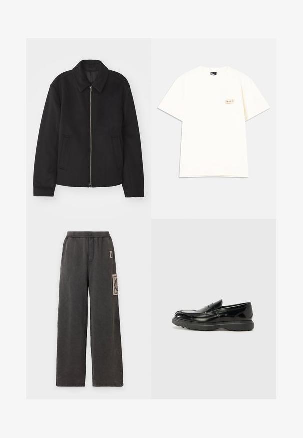 Svart jacka med dragkedjestängning, skräddarsydd design, rund krage och slitsfickor. Tillverkad av ett slätt, strukturerat tyg.; Krämfärgad t-shirt med korta ärmar, tillverkad av bomull, med en liten ficka med etikettinformation i övre vänstra hörnet. Rund halsdesign.; Vida byxor i mörkgrått tyg, med en dekorativ patch på frampocket och ett elastiskt midjeband för komfort.; Svart läderloaferskor med en glänsande yta, rund tå, diskreta söm detaljer och en tjock gummisula för hållbarhet.