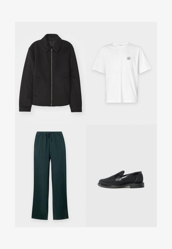 Black jacket with a zip closure, tailored design, a rounded collar, and slit pockets. Made from a smooth, textured fabric.; White t-shirt made of cotton featuring short sleeves, a crew neck, and a small gray logo on the left chest area. Smooth texture.; Dark green linen pants with a relaxed fit, featuring a drawstring waistband and wide legs, smooth texture, and no visible patterns.; Black woven slip-on shoe with a smooth leather accent on the upper, a round toe design, and a low-profile rubber sole.