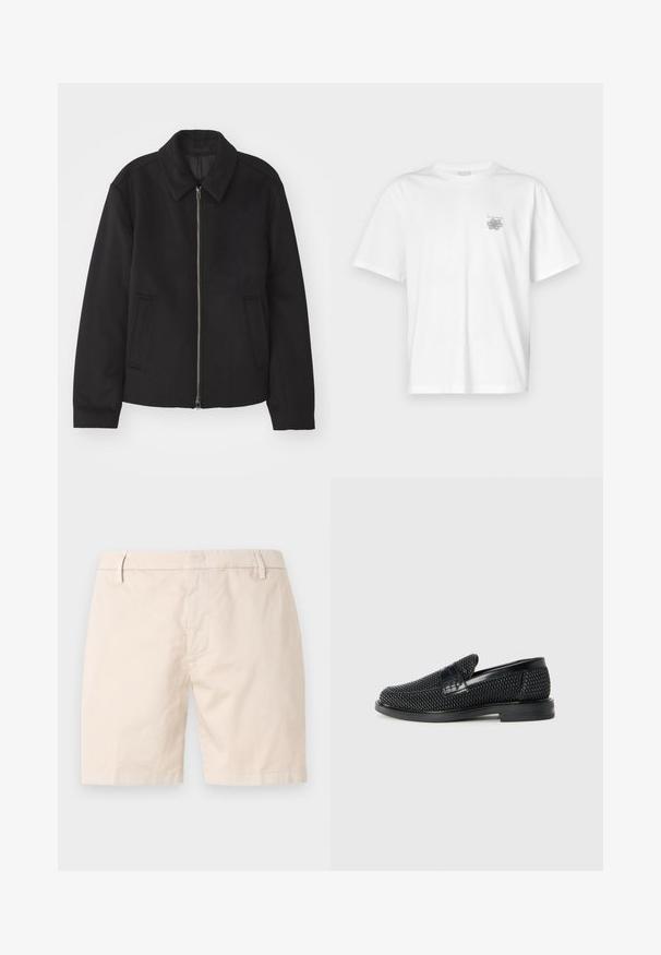 Black jacket with a zip closure, tailored design, a rounded collar, and slit pockets. Made from a smooth, textured fabric.; White t-shirt made of cotton featuring short sleeves, a crew neck, and a small gray logo on the left chest area. Smooth texture.; Beige cotton shorts with a straight cut, button closure, belt loops, and side pockets. Smooth texture and simple design.; Black woven slip-on shoe with a smooth leather accent on the upper, a round toe design, and a low-profile rubber sole.
