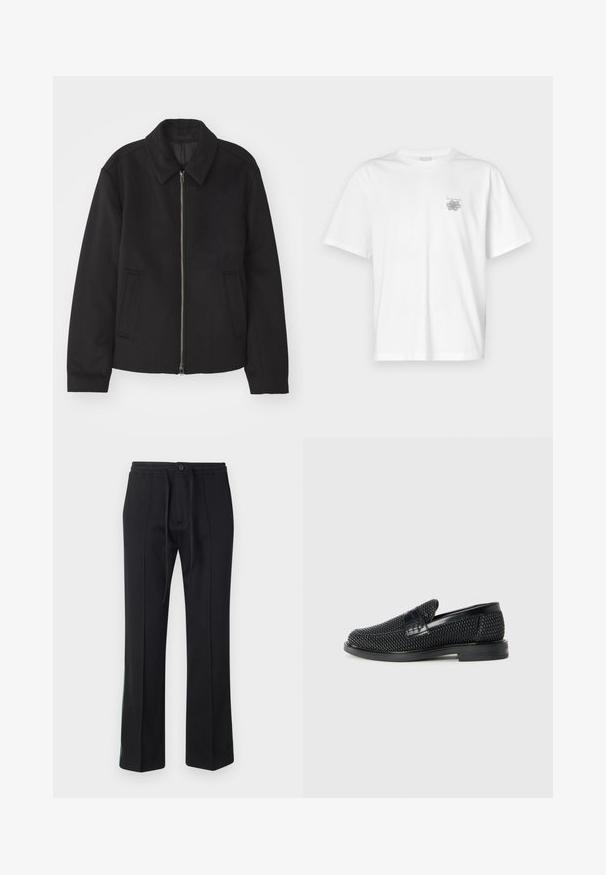 Veste noire avec fermeture éclair, design ajusté, col arrondi et poches fendue. Fabriquée dans un tissu lisse et texturé.; T-shirt blanc en coton avec des manches courtes, un col ras du cou et un petit logo gris sur la partie gauche de la poitrine. Texture lisse.; Pantalons de jogging noirs avec taille à cordon, devant plat et jambes droites. Accents verts le long des coutures latérales. Texture de tissu douce.; Chaussure slip-on tissée noire avec un accent en cuir lisse sur le dessus, un design à bout rond et une semelle en caoutchouc à profil bas.