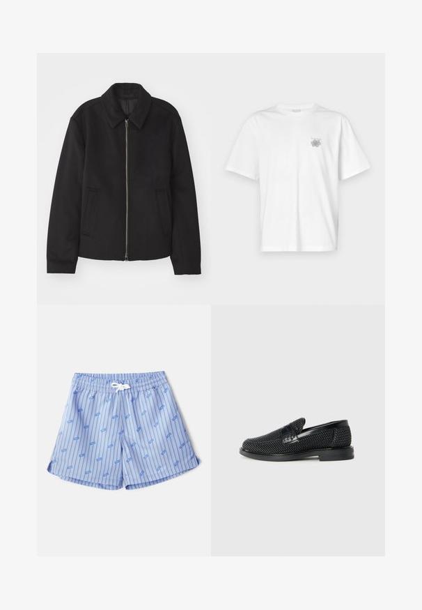 Black jacket with a zip closure, tailored design, a rounded collar, and slit pockets. Made from a smooth, textured fabric.; White t-shirt made of cotton featuring short sleeves, a crew neck, and a small gray logo on the left chest area. Smooth texture.; Light blue swim trunks with vertical white stripes and small blue logos. Features an elastic waistband with a white drawstring and side slits.; Black woven slip-on shoe with a smooth leather accent on the upper, a round toe design, and a low-profile rubber sole.