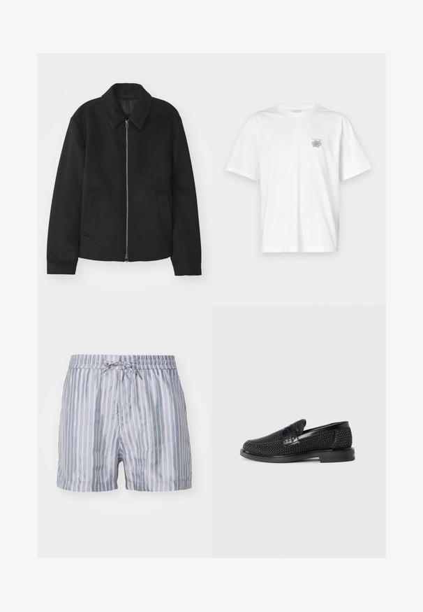 Fekete dzseki cipzárral, testreszabott dizájnnal, kerek nyakkal és zsebekkel. Sima, texturált anyagból készült.; Fehér pamut póló rövid ujjakkal, kerek nyakkal, és egy kis szürke logóval a bal mellrészen. Sima tapintású.; Csíkos fürdőnadrág világoskék és fehér színben, rugalmas derékkal, zsinórral és sima, könnyű anyaggal.; Fekete szőtt slip-on cipő sima bőr díszítéssel a felsőrészen, kerek orral és alacsony profilos gumitalppal.