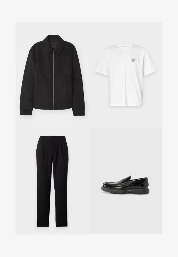 Svart jacka med dragkedjestängning, skräddarsydd design, rund krage och slitsfickor. Tillverkad av ett slätt, strukturerat tyg.; Vit t-shirt i bomull med korta ärmar, rund hals och en liten grå logotyp på vänster bröst. Slät textur.; Svarta byxor med rak passform, tillverkade av slät tyg. Har veck framtill och en knappstängning i midjan.; Svart läderloaferskor med en glänsande yta, rund tå, diskreta söm detaljer och en tjock gummisula för hållbarhet.