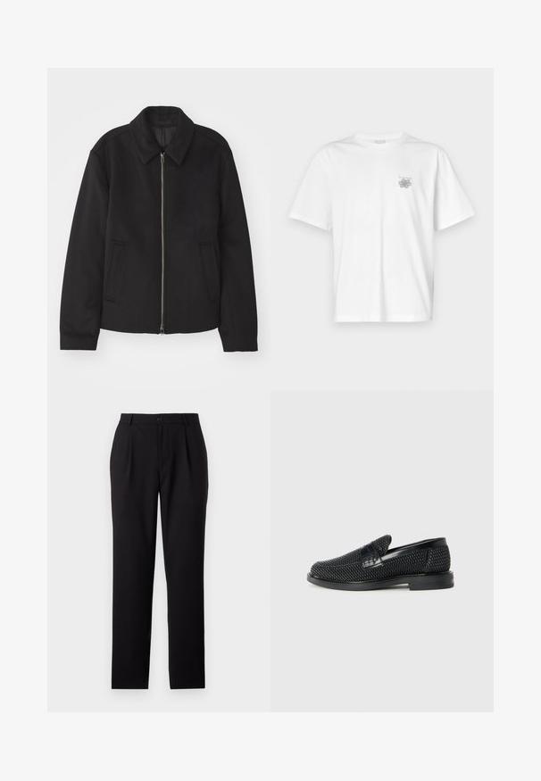 Must mustriga, mis on varustatud lukuga, kohandatud disaini, ümarate kaeluste ja lõhesalongidega taskudega. Valmistatud siledast, tekstuurilisest kangast.; Valge puuvillane T-särk lühikeste varrukatega, ümmarguse kaelusega ja väike hall logo vasakul rinnaosal. Sile tekstuur.; Mustad mustad püksid sirge säärekujundusega, valmistatud siledast kangast. Omab ees plekke ja nööp-sulgu vöökoht.; Must musta kootud slip-on king, millel on pehme nahast accent ülaserval, ümmargune varvas ja madal profiiliga kummitald.