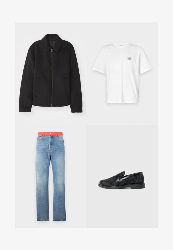 Melnā jaka ar rāvējslēdzēju, piegrieztas formas dizains, noapaļots apkakle un šķēluma kabatas. Izgatavota no gludas, teksturētas auduma.; Baltas kokvilnas T-krekls ar īsām piedurknēm, apaļu dekoltē un mazu pelēku logo kreisajā krūšu daļā. Gluda tekstūra.; Gai zila džinsu bikses ar taisnu piegriezumu, ar spilgti sarkanu jostu un standarta pogu un rāvējslēdzēja aizdari.; Melnas austas slaidu kurpes ar gludu ādas akcentu augšpusē, apaļas formas purngalu un zemas profila gumijas zoli.