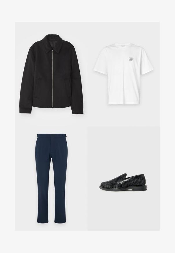 Musta takki vetoketjukiinnityksellä, muotoiltu design, pyöreä kaulus ja viilto-taskut. Valmistettu sileästä, tekstuuripinnoitteisesta kankaasta.; Valkoinen puuvillapaita, jossa on lyhyet hihat, pyöreä kaula-aukko ja pieni harmaa logo vasemmassa rintataskussa. Täydellinen sileä rakenne.; Merimaskiset housut sileästä kankaasta, suoran lahkeiden muotoilun kanssa, vyölenkeillä ja yhdellä nappikiinnityksellä. Minimalistinen tyyli ilman kuvioita.; Musta kudottu liukupohjallinen kenka, jossa on sileä nahkakorostus päällisessä, pyöreä kärki ja matala kumipohja.