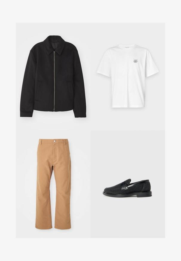 Μαύρο μπουφάν με φερμουάρ, κομψή γραμμή, στρογγυλός γιακάς και τσέπες με άνοιγμα. Κατασκευασμένο από μαλακό, υφασμάτινο υλικό.; Λευκό μπλουζάκι από βαμβάκι με κοντά μανίκια, στρογγυλή λαιμόκοψη και μικρό γκρίζο λογότυπο στην αριστερή περιοχή του στήθους. Λείο υφασμά.; Καφέ βαμβακερό παντελόνι με σχέδιο ίσιου ποδιού, που διαθέτει κλείσιμο με έναν μόνο κουμπί και διακριτή ραφή για επιπρόσθετη λεπτομέρεια.; Μαύρο πλεκτό παπούτσι slip-on με λείο δερμάτινο στοιχείο στο άνω μέρος, στρογγυλή μύτη και χαμηλό καουτσούκ πάτο.