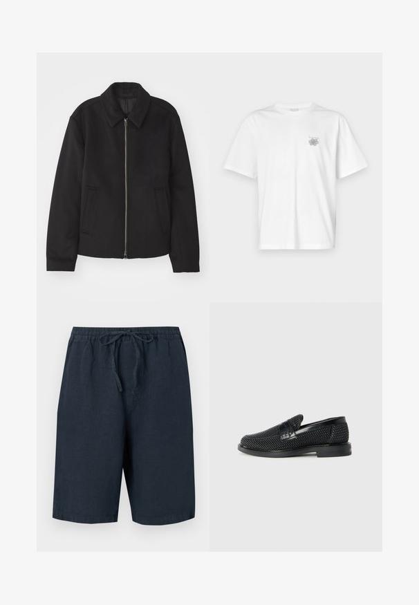 Melnā jaka ar rāvējslēdzēju, piegrieztas formas dizains, noapaļots apkakle un šķēluma kabatas. Izgatavota no gludas, teksturētas auduma.; Baltas kokvilnas T-krekls ar īsām piedurknēm, apaļu dekoltē un mazu pelēku logo kreisajā krūšu daļā. Gluda tekstūra.; Tumši jūras zila lina šorti ar elastīgu jostasvietu un regulējamu auklu. Iekļauj sānu kabatas un brīvu piegriezumu.; Melnas austas slaidu kurpes ar gludu ādas akcentu augšpusē, apaļas formas purngalu un zemas profila gumijas zoli.
