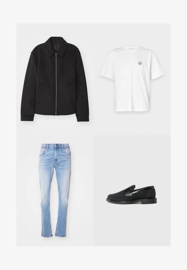 Crna jakna s patentnim zatvaračem, prilagođenog dizajna, zaobljenim kragnom i proreznim džepovima. Izrađena od glatkog, teksturiranog materijala.; Bijela majica od pamuka s kratkim rukavima, okruglim izrezom i malim sivim logotipom na lijevoj strani prsnog područja. Glatka tekstura.; Svijetloplave traperice izrađene od denima, s ravnim nogavicama, suptilnim izbljeđivanjem, pet džepova i zatvaranjem na dugme. Nema vidljivih uzoraka ili ukrasa.; Crne pletene cipele bez pertli s glatkim kožnim naglaskom na gornjem dijelu, s dizajnom okruglog nosa i niskoprofilnom gumenom đonom.