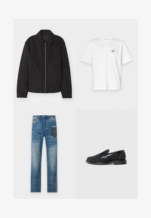 Chaqueta negra con cierre de cremallera, diseño ajustado, cuello redondeado y bolsillos con abertura. Fabricada en un tejido suave y texturizado.; Camiseta blanca de algodón con mangas cortas, cuello redondo y un pequeño logo gris en el lado izquierdo del pecho. Textura suave.; Vaqueros de denim azul claro con un corte recto, que presentan un bolsillo de parche más oscuro, un ligero desvanecimiento y herrajes metálicos en color cobre.; Zapato negro de tejido con un acento de cuero suave en la parte superior, diseño de punta redonda y suela de goma de perfil bajo.
