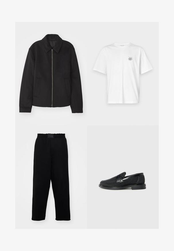 Jachetă neagră cu închidere prin fermoar, design ajustat, guler rotund și buzunare cu fanta. Fabricată dintr-un material neted, texturat.; Tricou alb din bumbac, cu mâneci scurte, guler rotund și un mic logo gri în zona stângă a pieptului. Textură netedă.; Pantaloni de trening negri, cu un brâu elastic, buzunare laterale și o croială lejeră. Confecționați dintr-un material moale și neted, cu o textură simplă.; Pantofii negri din material textil, cu accent din piele netedă pe partea superioară, design cu vârf rotund și talpă din cauciuc de profil redus.