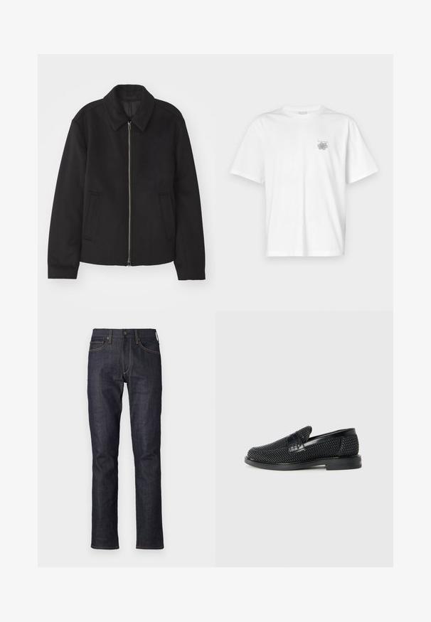 Veste noire avec fermeture éclair, design ajusté, col arrondi et poches fendue. Fabriquée dans un tissu lisse et texturé.; T-shirt blanc en coton avec des manches courtes, un col ras du cou et un petit logo gris sur la partie gauche de la poitrine. Texture lisse.; rag & bone FIT AUTHENTIC STRETCH - Jean slim - mottled dark blue; Chaussure slip-on tissée noire avec un accent en cuir lisse sur le dessus, un design à bout rond et une semelle en caoutchouc à profil bas.