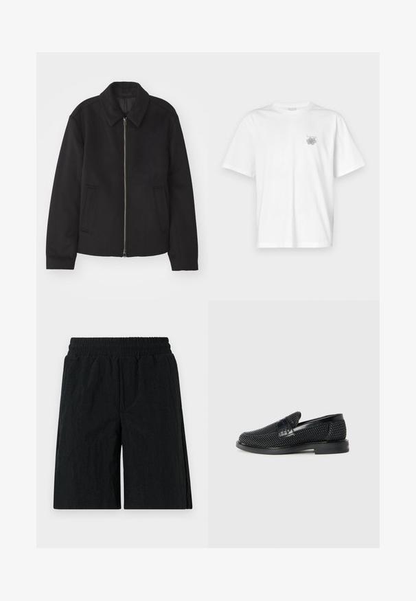 Juodas švarkas su užtrauktuku, pritaikyta forma, apvaliu apykakle ir kišenėmis su plyšiu. Pagamintas iš lygios, tekstūruotos medžiagos.; Balta medvilninė marškinėlių, su trumpomis rankovėmis, apykaklė nei per aukšta, nei per žema, ir mažas pilkas logotipas kairėje krūtinės pusėje. Lygi tekstūra.; Juodos šortai su elastinga juosmeniu, pagaminti iš tekstūruoto audinio, kelių ilgio dizaino ir su šoniniais kišenėmis.; Juodas pintas slip-on tipo batelis su lygiu odiniu akcentu viršuje, apvalios nosies dizainas ir žemas guminis padas.
