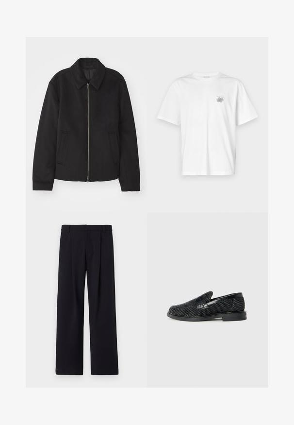 Juodas švarkas su užtrauktuku, pritaikyta forma, apvaliu apykakle ir kišenėmis su plyšiu. Pagamintas iš lygios, tekstūruotos medžiagos.; Balta medvilninė marškinėlių, su trumpomis rankovėmis, apykaklė nei per aukšta, nei per žema, ir mažas pilkas logotipas kairėje krūtinės pusėje. Lygi tekstūra.; Juodos platėjančios kelnės iš audinio, su priekiniu raukiniu, lygia priekiu ir diržo kilpomis. Lygi tekstūra be jokių matomų raštų ar akcentų.; Juodas pintas slip-on tipo batelis su lygiu odiniu akcentu viršuje, apvalios nosies dizainas ir žemas guminis padas.