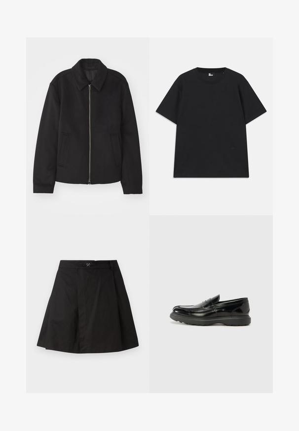 Veste noire avec fermeture éclair, design ajusté, col arrondi et poches fendue. Fabriquée dans un tissu lisse et texturé.; T-shirt noir à manches courtes en coton, avec un col rond et un petit logo près de l'ourlet. Texture lisse, coupe régulière.; Jupe noire en forme de A en coton, dotée d'une taille avec un petit accent métallique, de détails plissés et d'un ourlet net.; Mocassin en cuir noir avec une finition brillante, bout arrondi, détails de couture subtils et semelle en caoutchouc épaisse pour la durabilité.