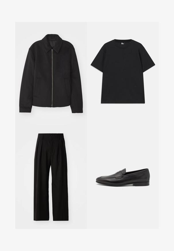 Casaco preto com fecho de correr, design ajustado, colarinho redondo e bolsos com fenda. Feito de um tecido liso e texturizado.; Camiseta preta de mangas curtas em algodão, com decote redondo e um pequeno detalhe de logo perto da bainha. Textura suave, corte regular.; Calças largas pretas com uma textura suave, apresentando duas pregas frontais, fecho com botão e bolsos laterais. Tecido durável.; Sapatilha masculina em couro preto, com salto baixo e um design clássico com tira de moeda, apresentada em perfil lateral sobre um fundo branco.