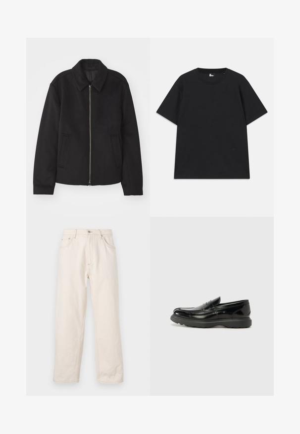 Casaco preto com fecho de correr, design ajustado, colarinho redondo e bolsos com fenda. Feito de um tecido liso e texturizado.; Camiseta preta de mangas curtas em algodão, com decote redondo e um pequeno detalhe de logo perto da bainha. Textura suave, corte regular.; Denim de calças de perna reta bege, com fecho de botão, cinco bolsos e detalhes de costura visíveis. Textura suave.; Mocassim de couro preto com acabamento brilhante, bico arredondado, detalhes de costura subtil e sola de borracha espessa para durabilidade.