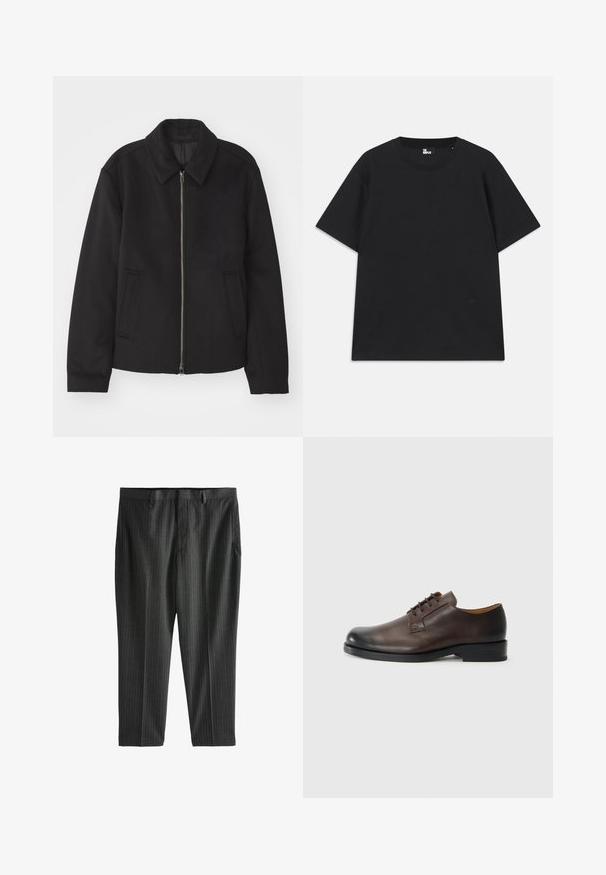 Sort jakke med lynlås, skræddersyet design, rund krave og slidser. Fremstillet af et glat, textureret stof.; Sort kortærmet t-shirt lavet af bomuld, med rund halsudskæring og en lille logo detalje nær kanten. Glat tekstur, normal pasform.; Next STRIPE-REGULAR FIT - Chino - charcoal grey; Brun lædersko med rund tå, lav hæl, snørebåndsdesign og glat overflade. Har minimal syning og en poleret finish.
