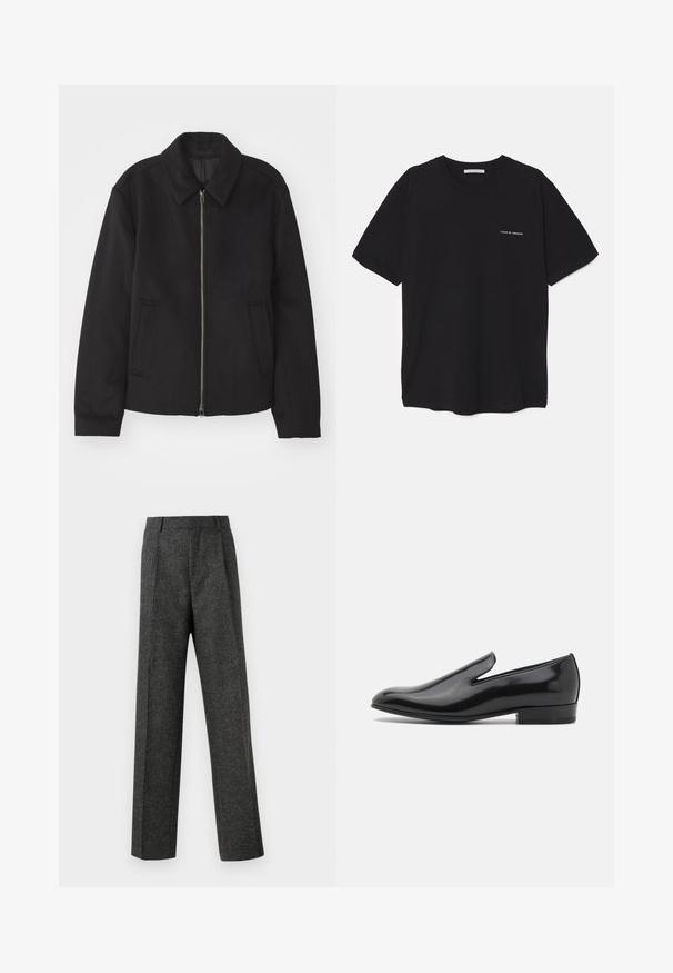 Black jacket with a zip closure, tailored design, a rounded collar, and slit pockets. Made from a smooth, textured fabric.; Black cotton T-shirt with a crew neck, short sleeves, and a white logo print on the left chest. Simple, solid color design.; Gray tailored trousers made of textured fabric, featuring two front pleats and a straight-leg design. No visible pockets or embellishments.; Black patent leather slip-on shoe with a rounded toe, minimal stitching detail, and a low block heel. Smooth texture, sleek design.