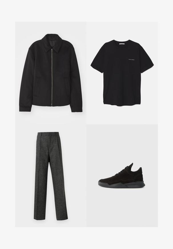Schwarze Jacke mit Reißverschluss, tailliertem Schnitt, rundem Kragen und Schlitztaschen. Hergestellt aus einem glatten, strukturierten Stoff.; Schwarzes Baumwoll-T-Shirt mit Rundhalsausschnitt, kurzen Ärmeln und weißem Logodruck auf der linken Brust. Einfaches, einfarbiges Design.; Graue maßgeschneiderte Hose aus strukturiertem Stoff, mit zwei vorderen Falten und geradem Bein. Keine sichtbaren Taschen oder Verzierungen.; Schwarze Wildleder-Sneaker mit niedrigem Profil, strukturiertem Obermaterial, flachen Schnürsenkeln und einer soliden Gummisohle mit leichtem Absatz und geschwungenem Design.