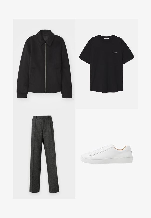 Černá bunda se zipovým uzávěrem, střižená designem, kulatým límcem a kapsami na bocích. Vyrobena z hladké, strukturované tkaniny.; Černé bavlněné tričko s kulatým výstřihem, krátkými rukávy a bílým logem potisknutým na levé straně hrudi. Jednoduchý, jednobarevný design.; Šedé kalhoty na míru vyrobené z texturované tkaniny, s dvěma předními záhyby a rovnými nohavicemi. Bez viditelných kapes nebo ozdob.; Bílé kožené tenisky s hladkým povrchem, kulatou špičkou, plochým šněrováním a silnou gumovou podrážkou s texturovaným vzorem pro lepší grip.