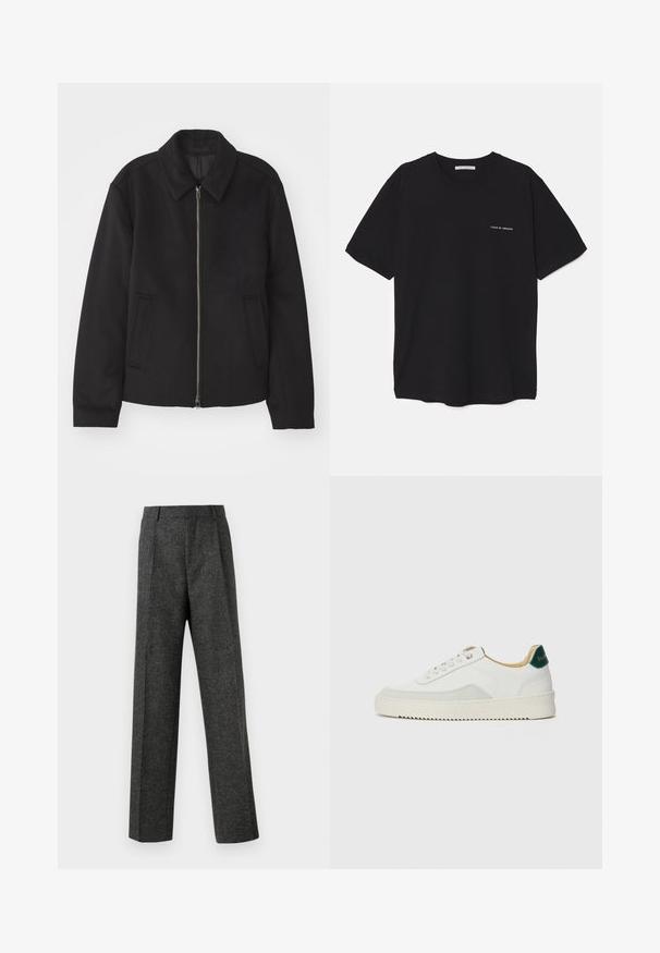 Chaqueta negra con cierre de cremallera, diseño ajustado, cuello redondeado y bolsillos con abertura. Fabricada en un tejido suave y texturizado.; Camiseta de algodón negra con cuello redondo, mangas cortas y un estampado de logo blanco en el lado izquierdo del pecho. Diseño simple y de color sólido.; Pantalones gris ajustados hechos de una tela texturizada, con dos pliegues frontales y un diseño de pierna recta. Sin bolsillos visibles ni adornos.; Zapatilla blanca con acentos de ante, puntera redondeada, cordones planos y suela de goma color crema. Presenta un logo verde en el talón.